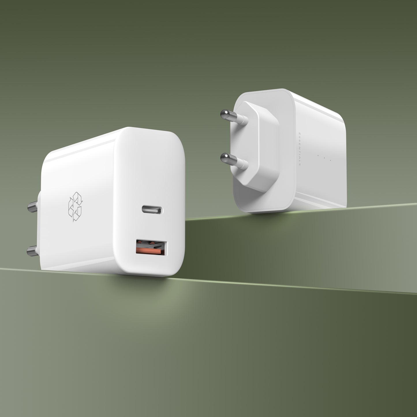 ESSENTIALS 65W USB-A/-C GaN Charger 100% Recycling white
